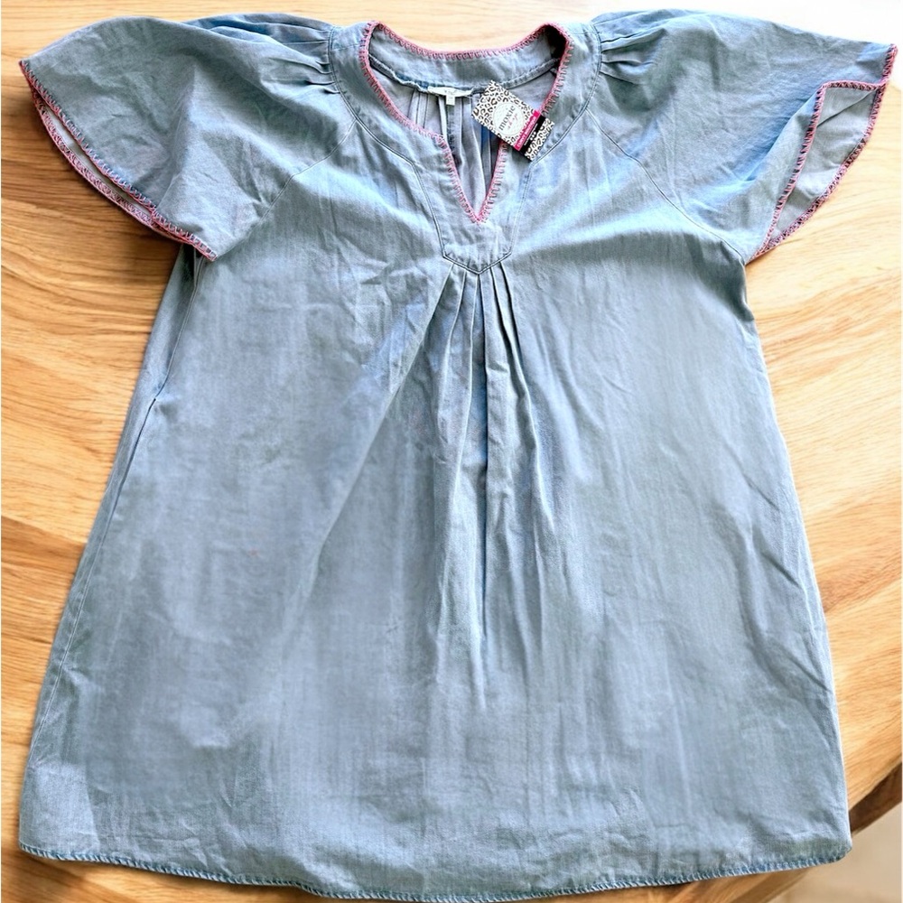 Easel Washed Blue Denim Pink Trim V Neck Short Sleeve Dress Women’s Size 3X NWT